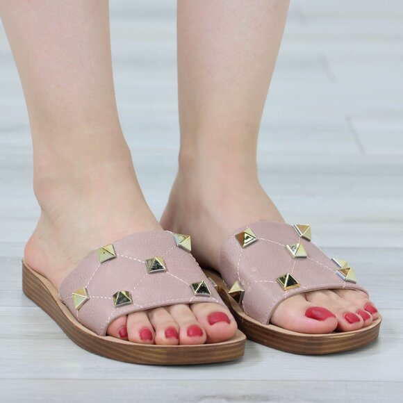 Blush Flat Comfort Flexible Sandal Slip On Sliders Trendy Gold Studs Glittery To - Picture 7 of 15